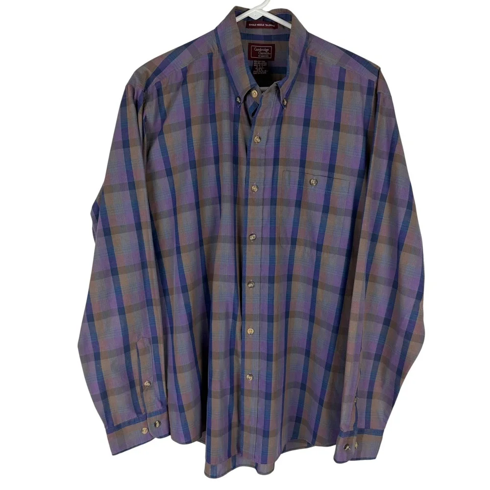 Cambridge Classics Men's Large Purple Brown Plaid Long Sleeve Button Down Shirt